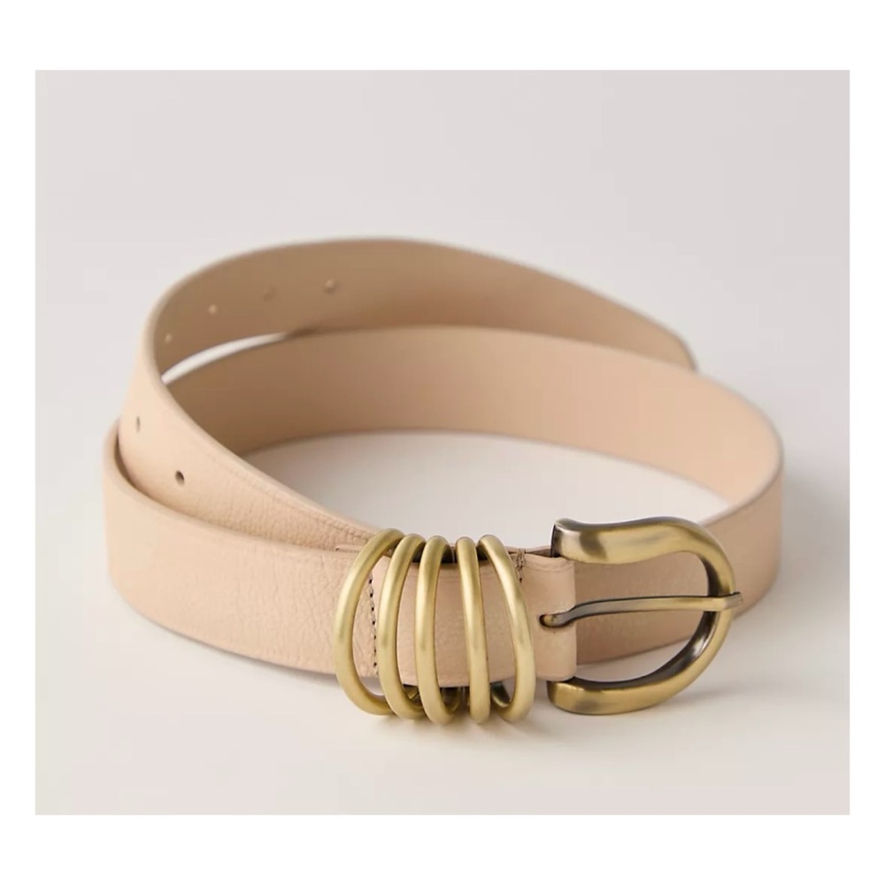 Free People Pale Nude Leather Belt with Stacked Antique Gold Rings